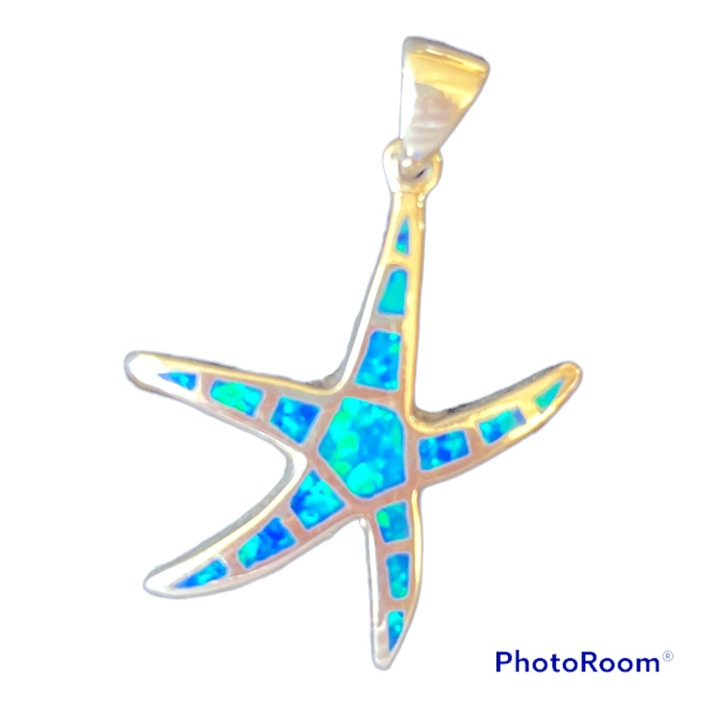 Sterling Silver Nautical Blue Inlay Lab Created Opal Starfish Pendant.